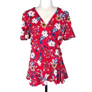 GORGEOUS Faith & Joy red floral top! Fun, flirty little wrap for spring!
